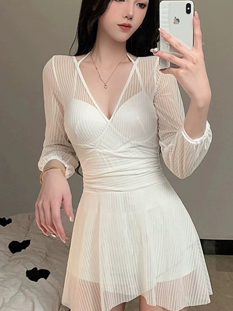 체형커버 브이넥 원피스 시스루 여성 모노키니 섹시 화이트 M - 상세 이미지 4