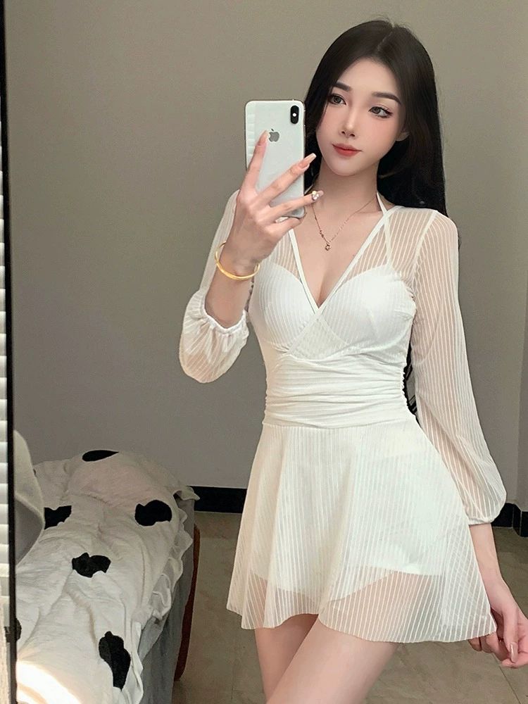 체형커버 브이넥 원피스 시스루 여성 모노키니 섹시 화이트 M - 상세 이미지 2