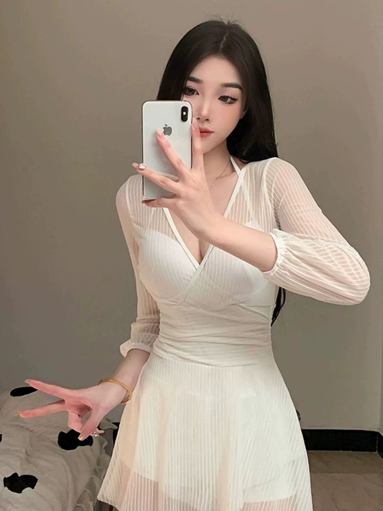 체형커버 브이넥 원피스 시스루 여성 모노키니 섹시 화이트 M - 상세 이미지 3
