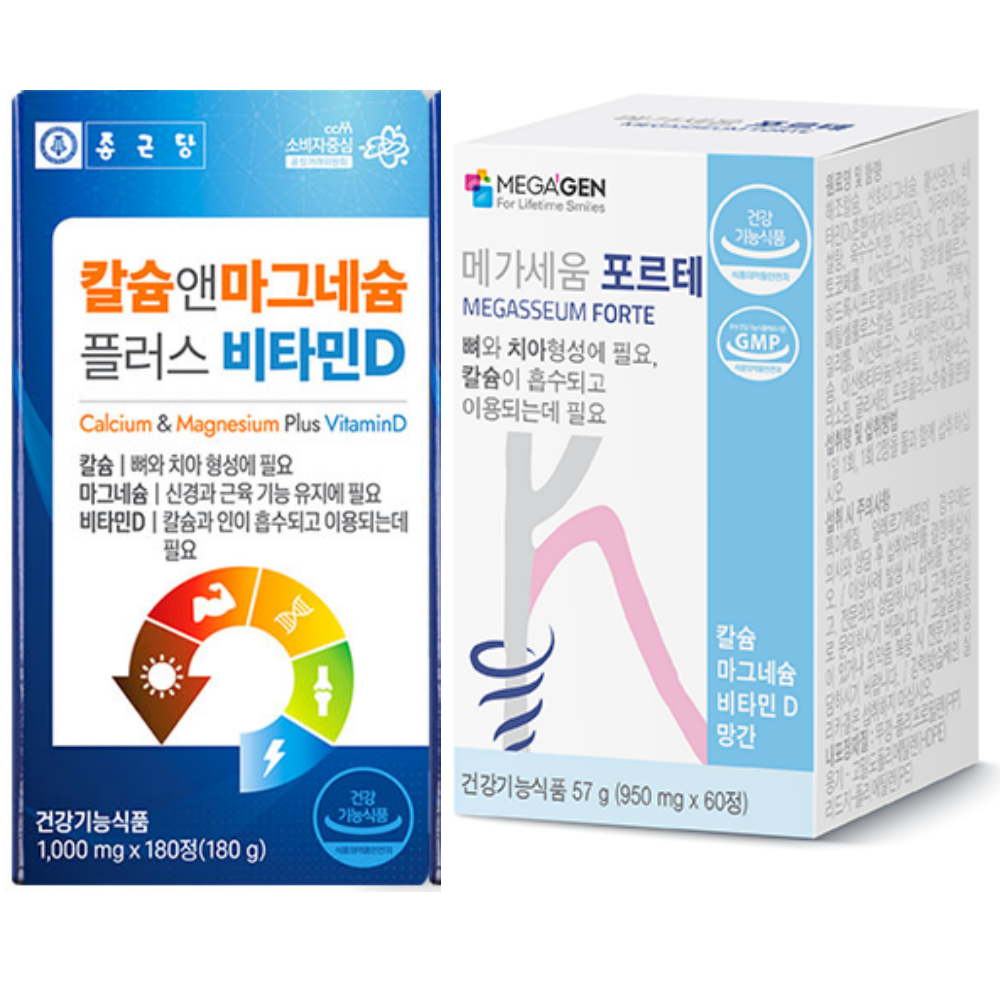 종근당 칼슘 마그네슘 비타민D+메가젠 메가세움 포르테 칼슘 마그네슘 비타민 D 망간 - 상품 이미지