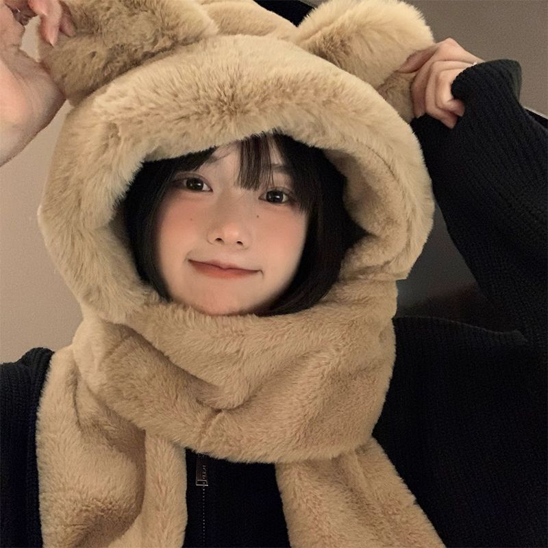 곰돌이모자 털모자목도리 머플러모자 모자 보온 뽀글이 카키 주요사진모델 M 56-58cm - 상세 이미지 2