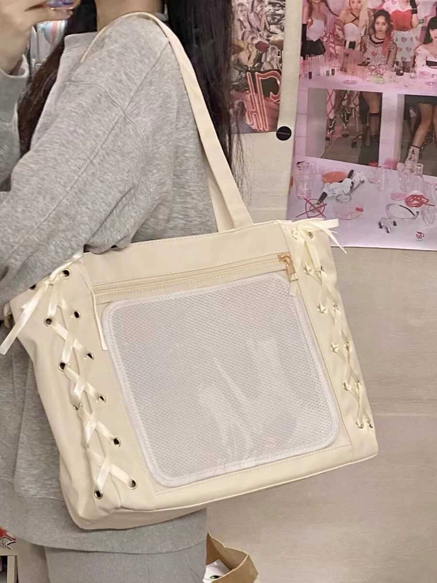 리본이타백 굿즈 뱃지 토트백 콘서트가방 투명창 포카 크림화이트 리본 없음 - 상품 이미지