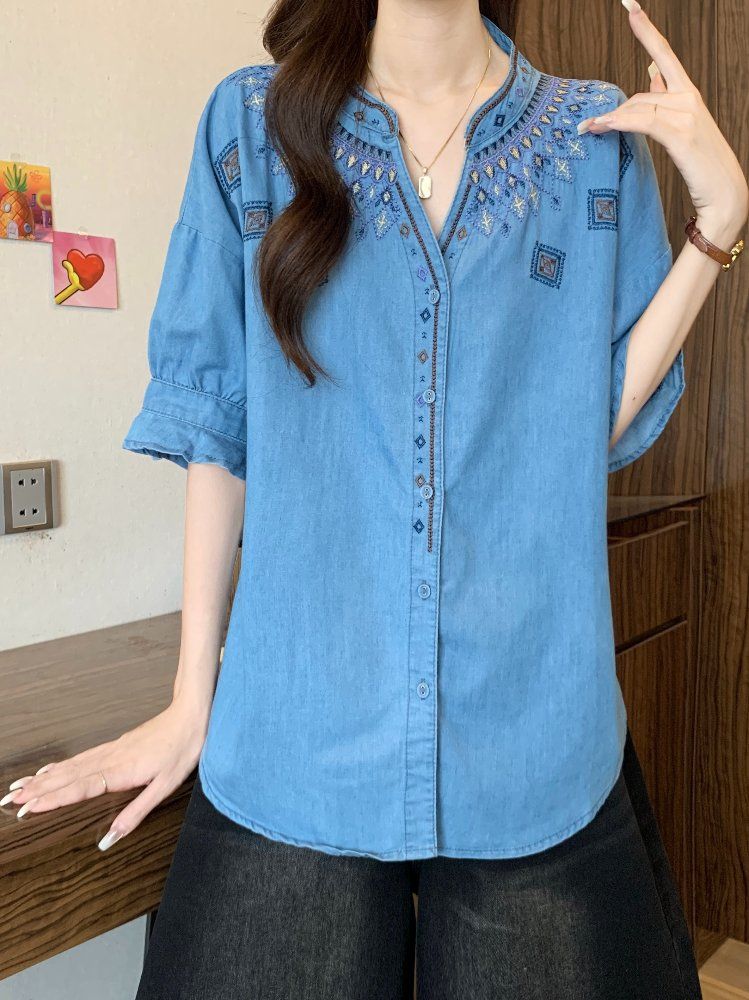 자수 데님 셔츠 여성 루즈핏 빈티지 청남방 캐주얼 오피스룩 - 상세 이미지 4