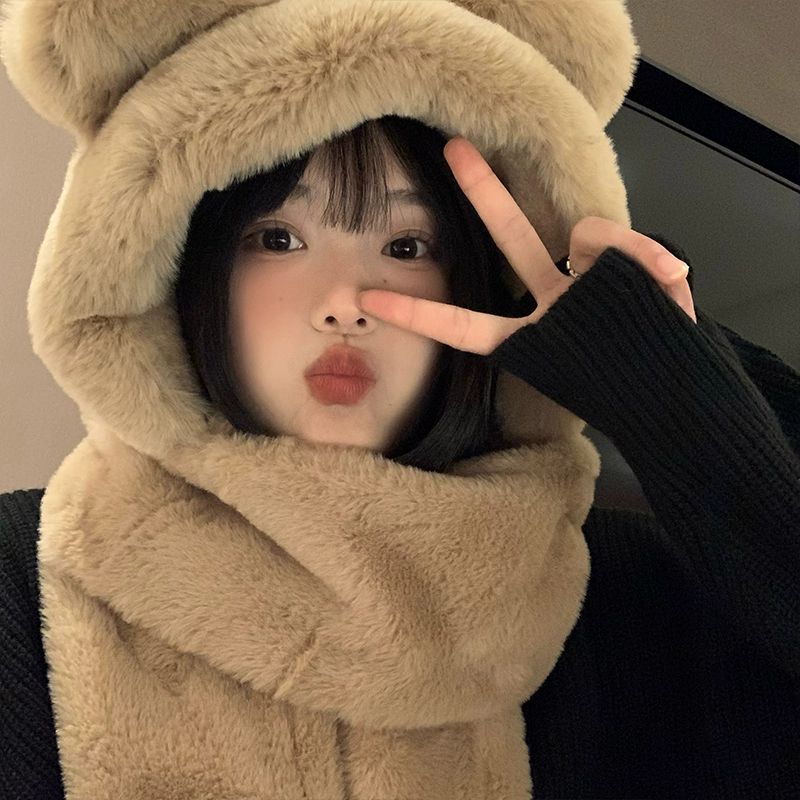곰돌이모자 털모자목도리 머플러모자 모자 보온 뽀글이 카키 주요사진모델 M 56-58cm - 상세 이미지 4