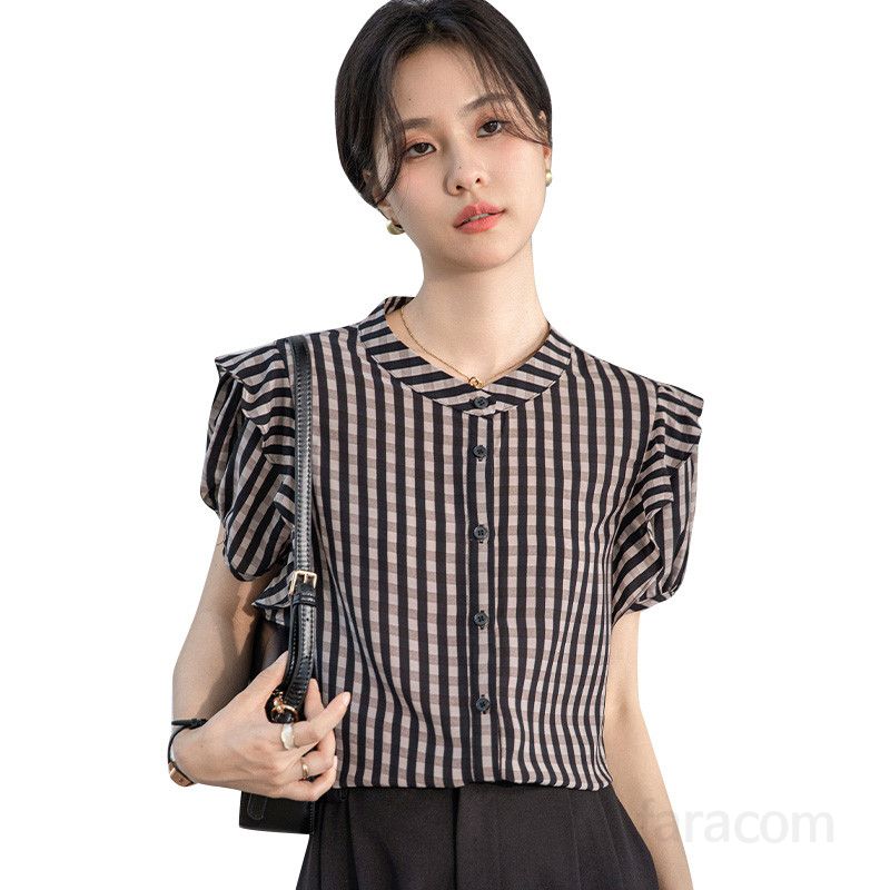 레트로 스타일 흑백 체크 셔츠 가을용 여성 슬림핏 블라우스 성숙한 프렌치 무드의 라운드넥 긴팔 상의 다양한 코디 가능 데일리룩 트렌디한 패션 아이템 - 상세 이미지 5