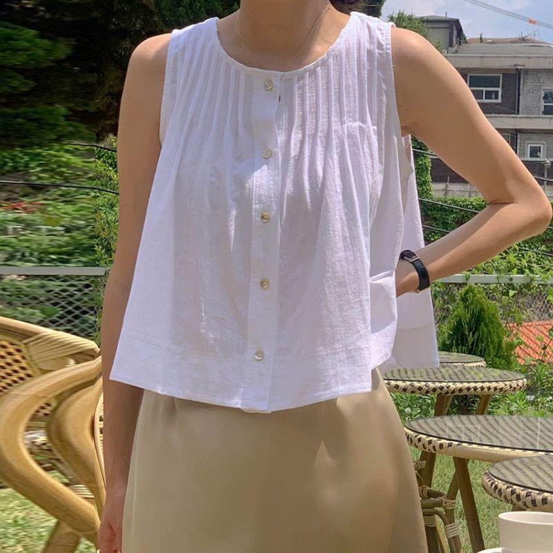 오렌지 여름 티셔츠 민소매 단추 여성 상의 오렌지 프리사이즈 - 상세 이미지 2