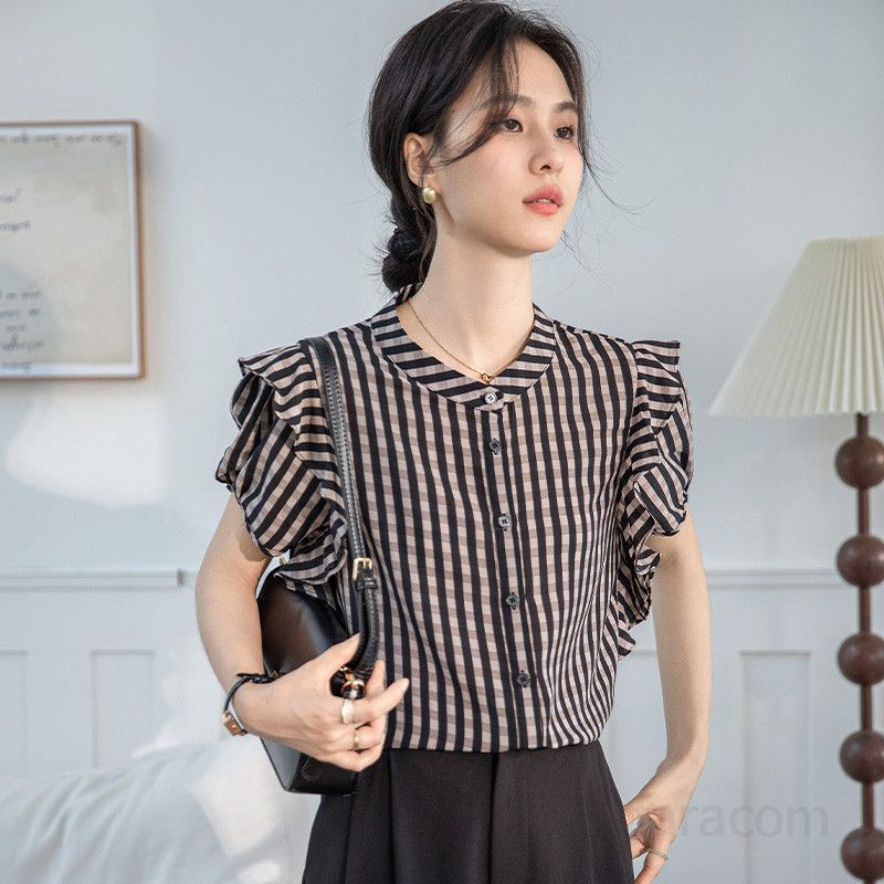 레트로 스타일 흑백 체크 셔츠 가을용 여성 슬림핏 블라우스 성숙한 프렌치 무드의 라운드넥 긴팔 상의 다양한 코디 가능 데일리룩 트렌디한 패션 아이템 - 상세 이미지 4