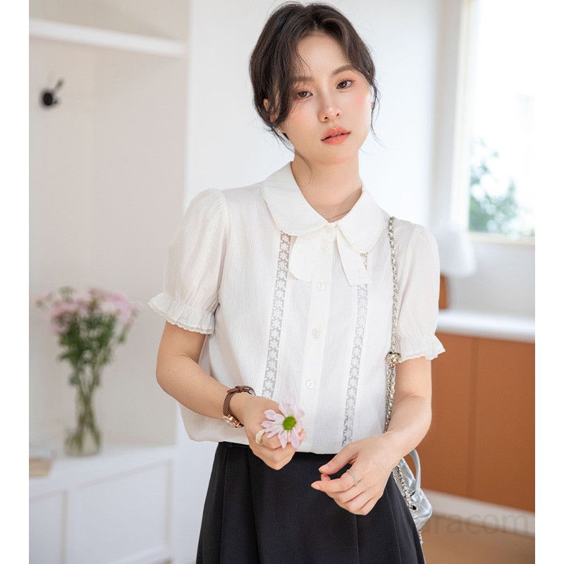 여성 레이스 스티칭 반팔 셔츠 여름 출퇴근용 화이트블라우스 인형 칼라 스타일 시원한 착용감 데일리룩 로맨틱한 분위기 - 상세 이미지 2
