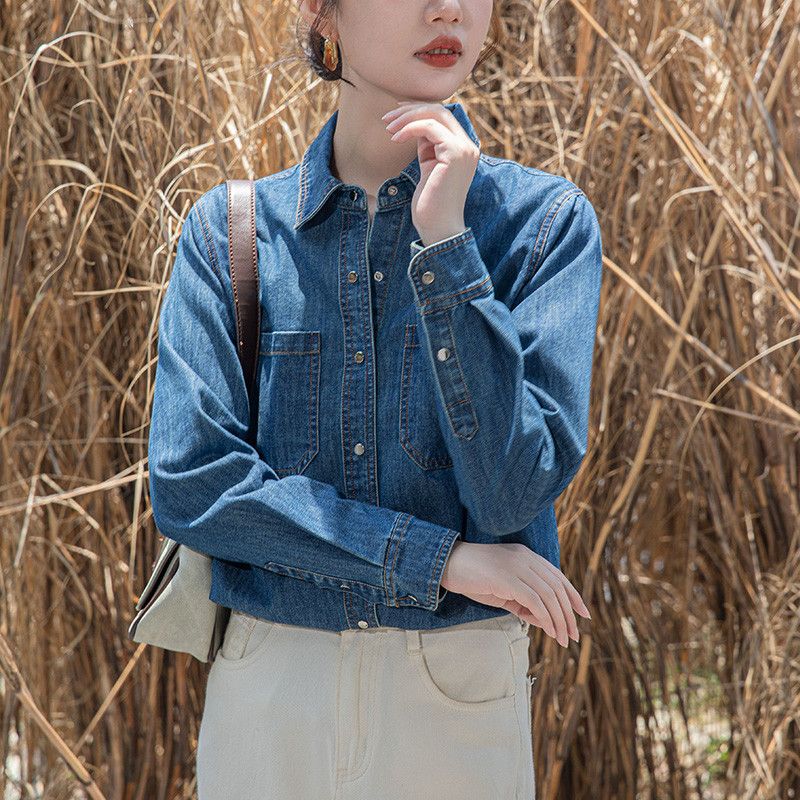 여성 데님 긴팔 셔츠 레트로 스타일 캐주얼한 코튼 셔츠 가을용 편안한 착용감의 스타일리시한 아우터 데일리룩으로 매력적인 패션 아이템 - 상세 이미지 2
