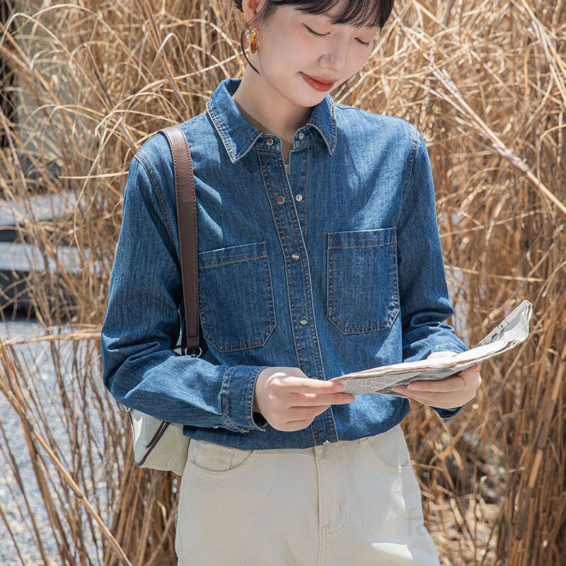 여성 데님 긴팔 셔츠 레트로 스타일 캐주얼한 코튼 셔츠 가을용 편안한 착용감의 스타일리시한 아우터 데일리룩으로 매력적인 패션 아이템 - 상세 이미지 4