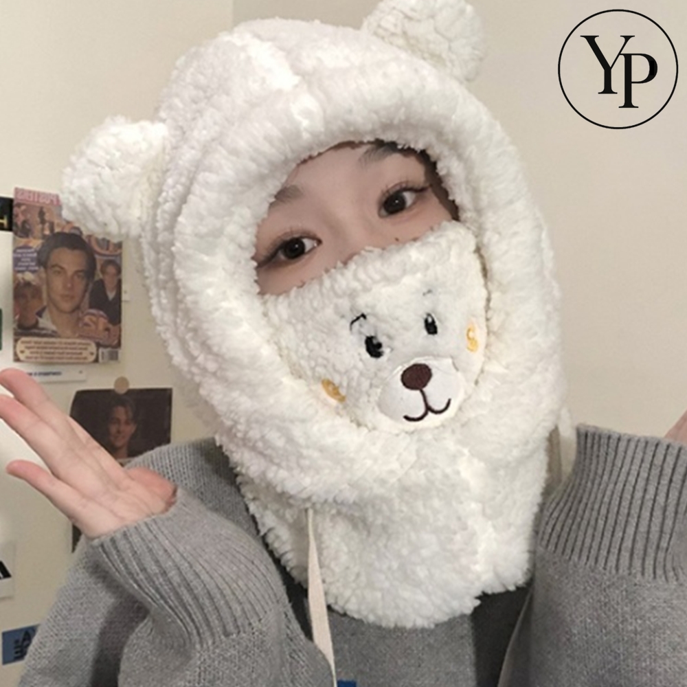 곰돌이 넥워머 모자 마스크 일체형 바라클라바 방한 겨울 귀 달린 귀도리 끈 달린 겨울 여성 여자 패션 - 메인 이미지