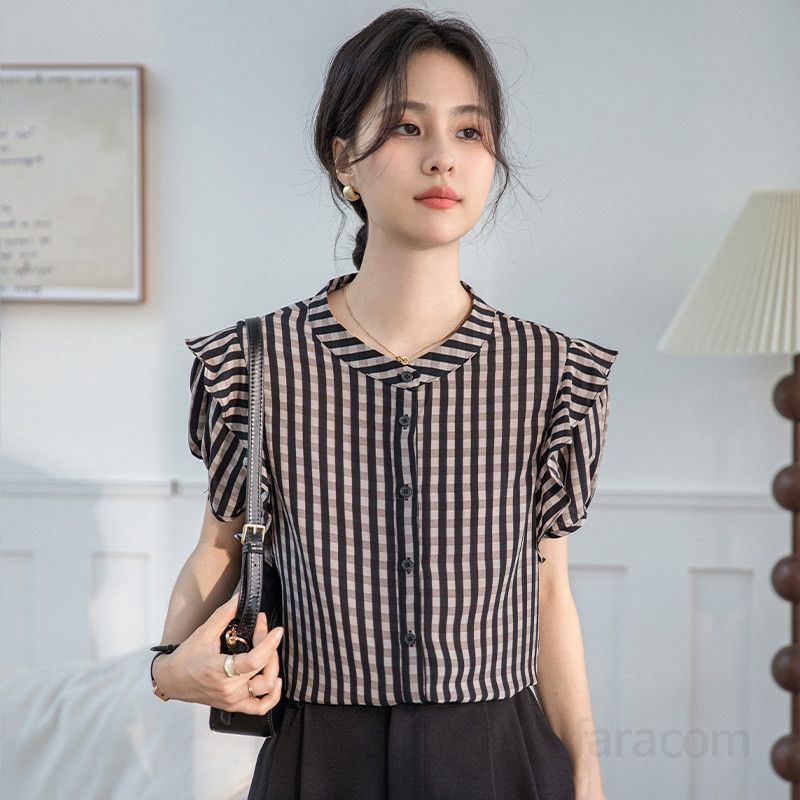 레트로 스타일 흑백 체크 셔츠 가을용 여성 슬림핏 블라우스 성숙한 프렌치 무드의 라운드넥 긴팔 상의 다양한 코디 가능 데일리룩 트렌디한 패션 아이템 - 상세 이미지 3
