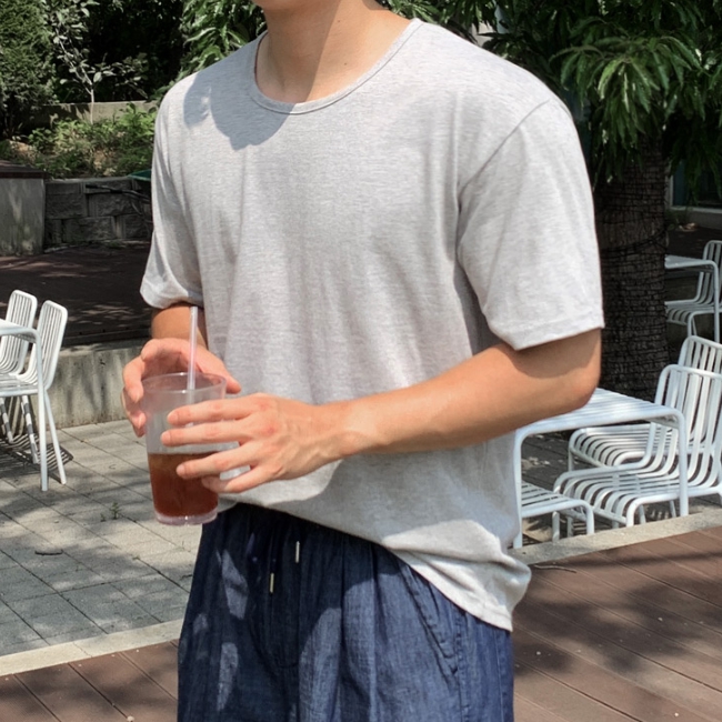 1+1 남자 레랄 오버핏 여름 20수 면 유넥 반팔티 - 상세 이미지 4