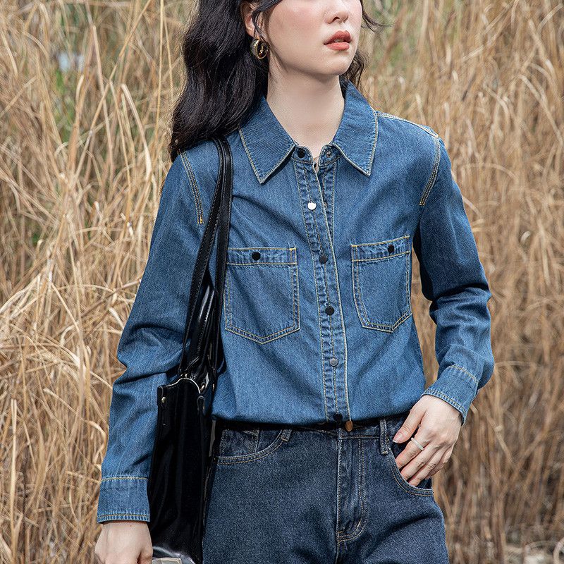 여성 데님 셔츠 긴팔 레트로 스타일 캐주얼 상의 시원한 여름 코튼 소재로 편안한 착용감 데일리룩 오버핏 청남방 - 상세 이미지 2