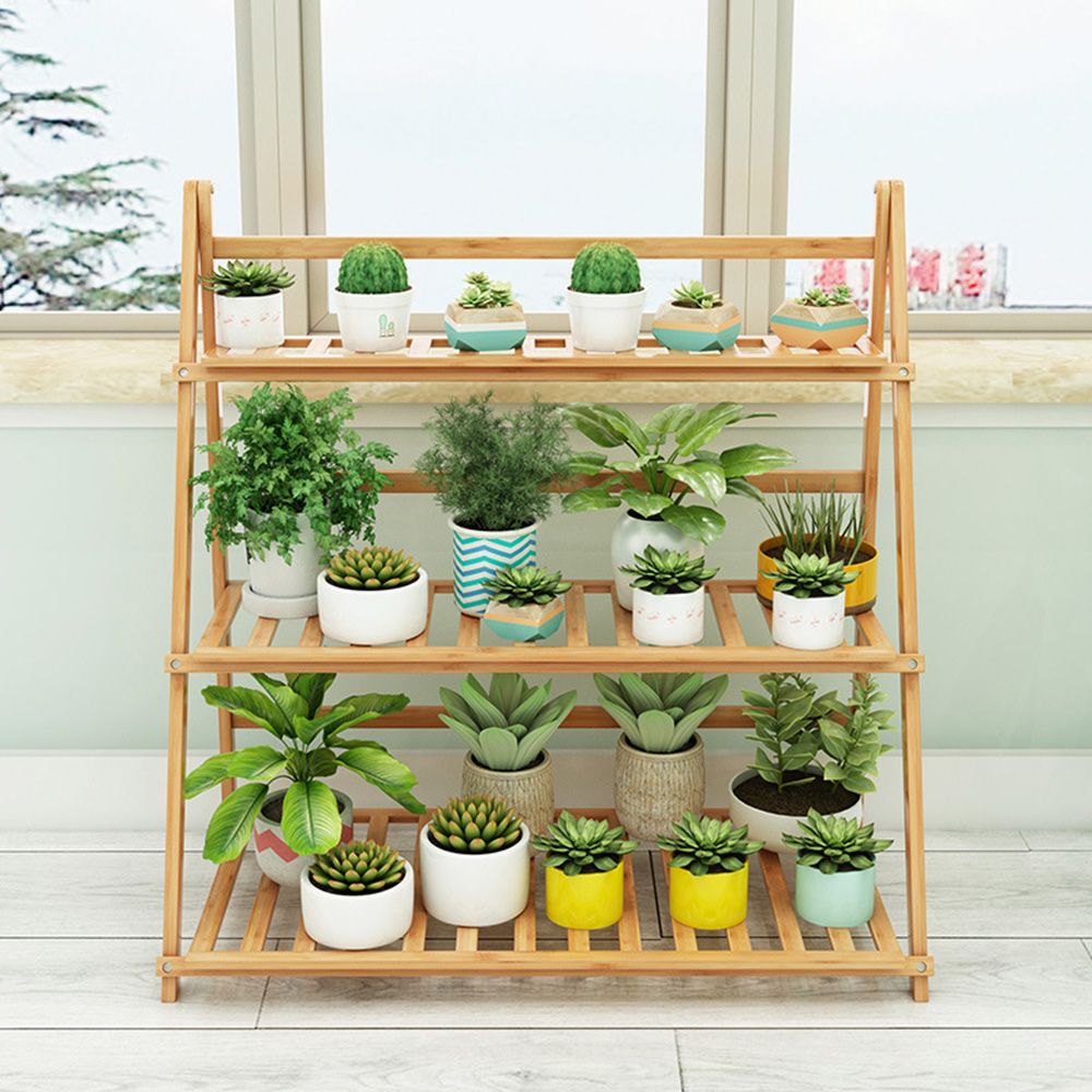70cm 가드닝 화분진열대A 3단 대나무 - 메인 이미지