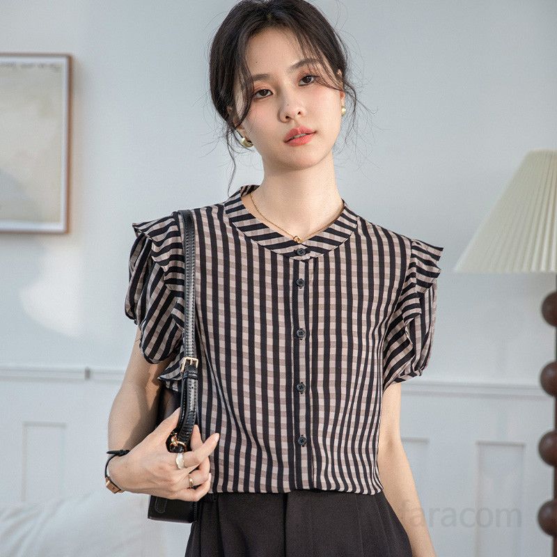 레트로 스타일 흑백 체크 셔츠 가을용 여성 슬림핏 블라우스 성숙한 프렌치 무드의 라운드넥 긴팔 상의 다양한 코디 가능 데일리룩 트렌디한 패션 아이템 - 상품 이미지