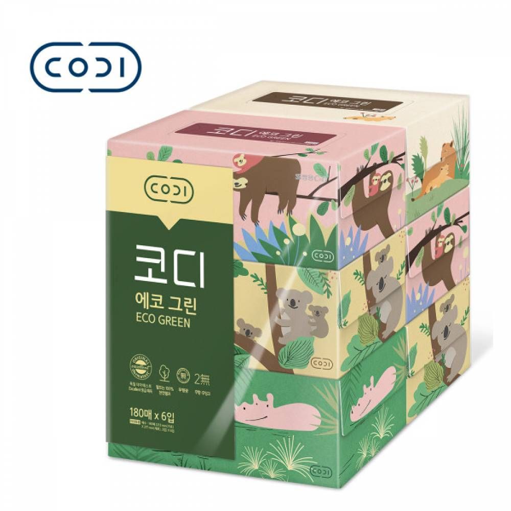 미용티슈 천연펄프 에코그린 180매x6입 코디 무형광 - 메인 이미지
