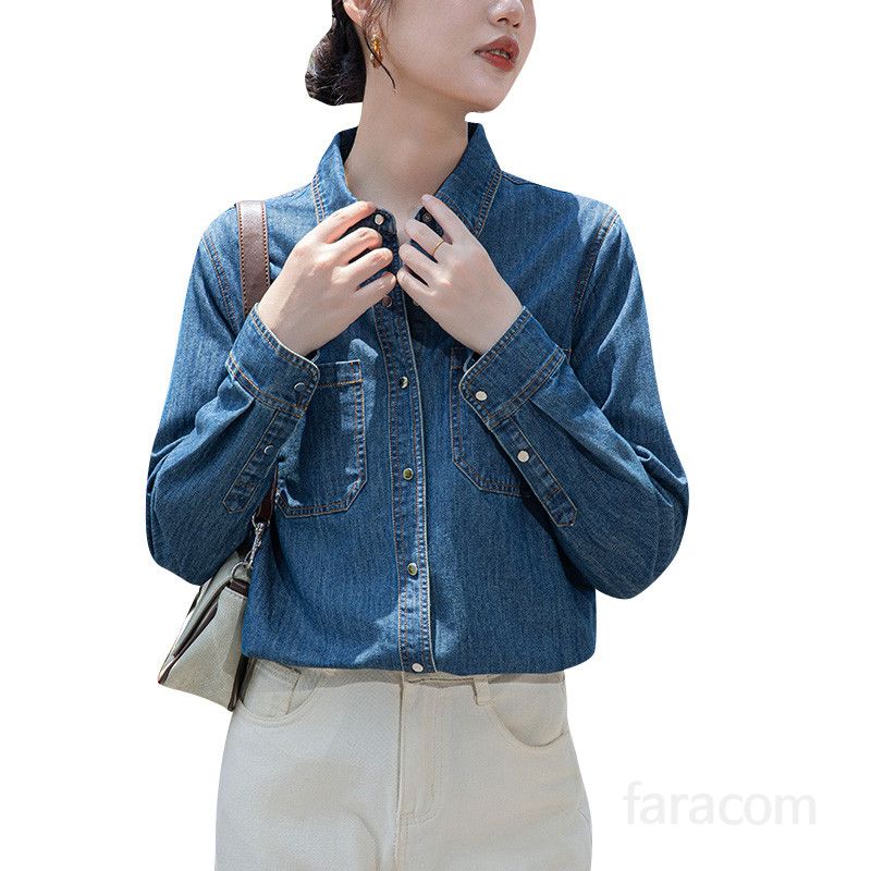 여성 데님 긴팔 셔츠 레트로 스타일 캐주얼한 코튼 셔츠 가을용 편안한 착용감의 스타일리시한 아우터 데일리룩으로 매력적인 패션 아이템 - 상세 이미지 5