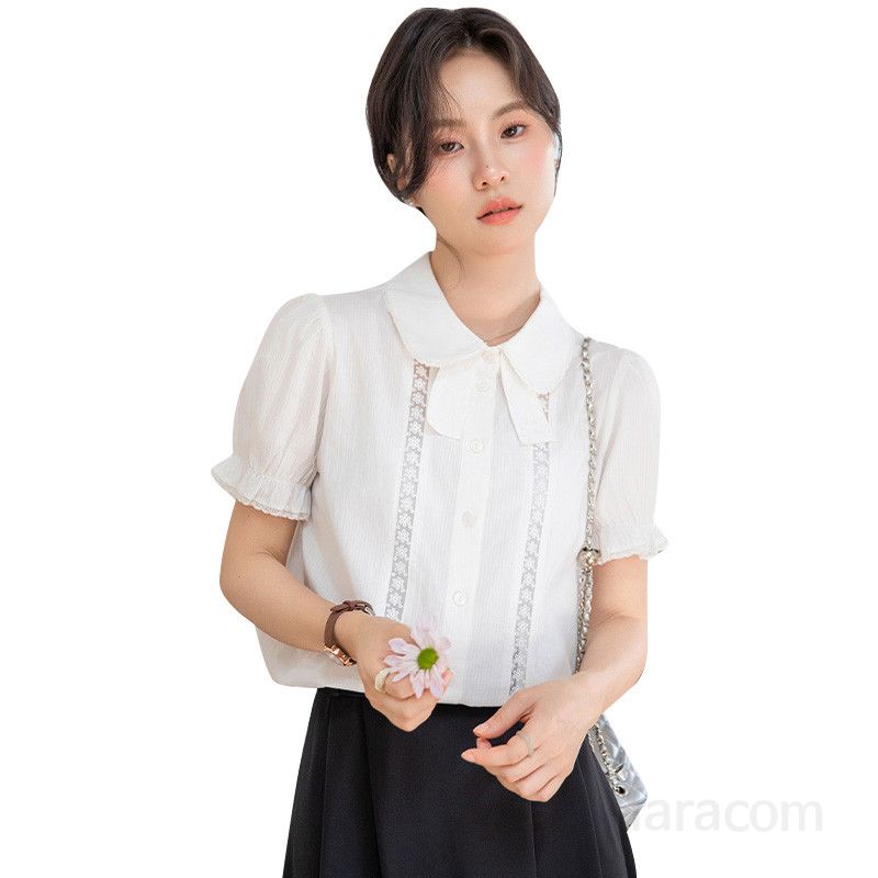 여성 레이스 스티칭 반팔 셔츠 여름 출퇴근용 화이트블라우스 인형 칼라 스타일 시원한 착용감 데일리룩 로맨틱한 분위기 - 상세 이미지 4
