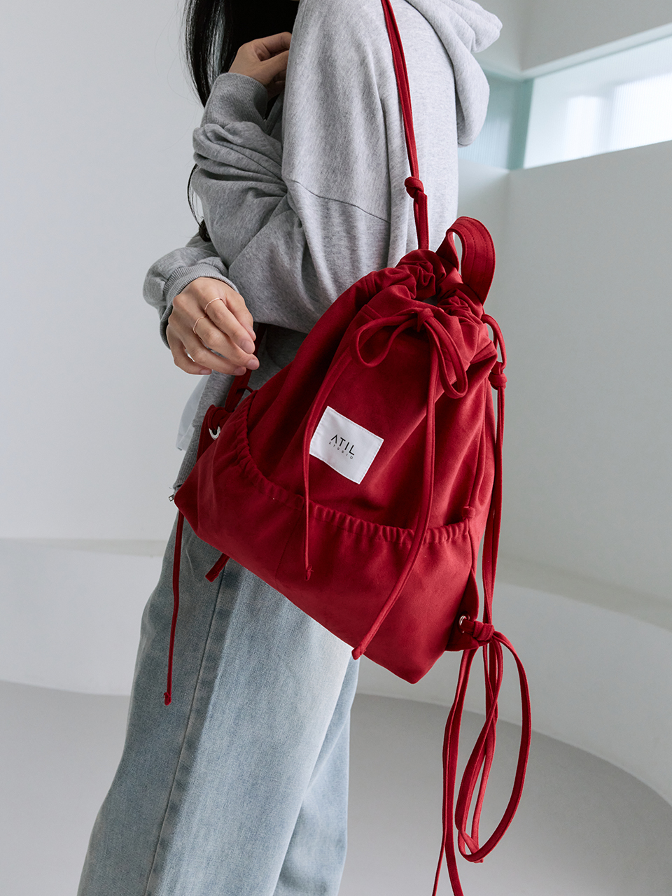 [ATIL STUDIO] 스웨이드 데일리 스트링 백팩_[레드] 이미지 6