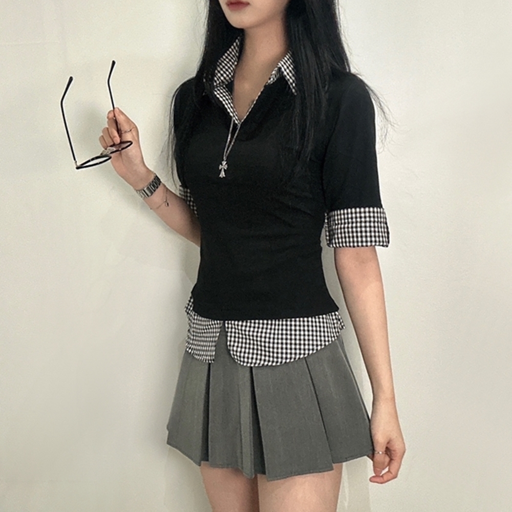 긱시크 룩 여성 체크 포인트 반팔 카라 셔츠 티 셔츠일체형 티셔츠 반팔티 레이어드 브이넥 - 상품 이미지