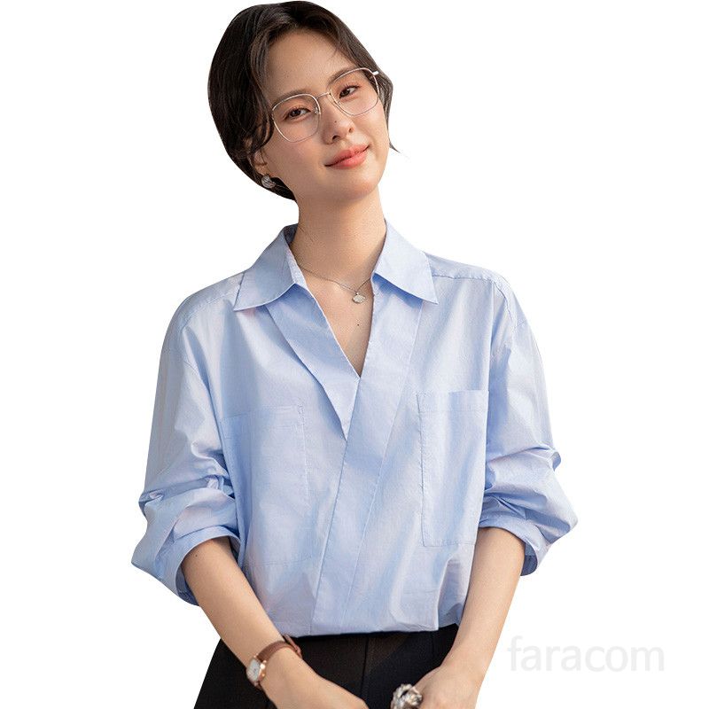 여성용 화이트 V넥 반팔 블라우스 여름 데일리 루즈핏 랜턴 슬리브 통근용 편안한 착용감 스타일리시한 포켓 디자인 - 상세 이미지 5