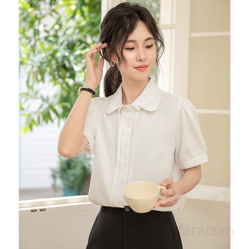 여성 여름 화이트 블라우스 반팔 더블 레이어 인형 칼라 시원한 출퇴근용 데일리 셔츠 스타일링 쉬운 실용적인 디자인 - 상세 이미지 3