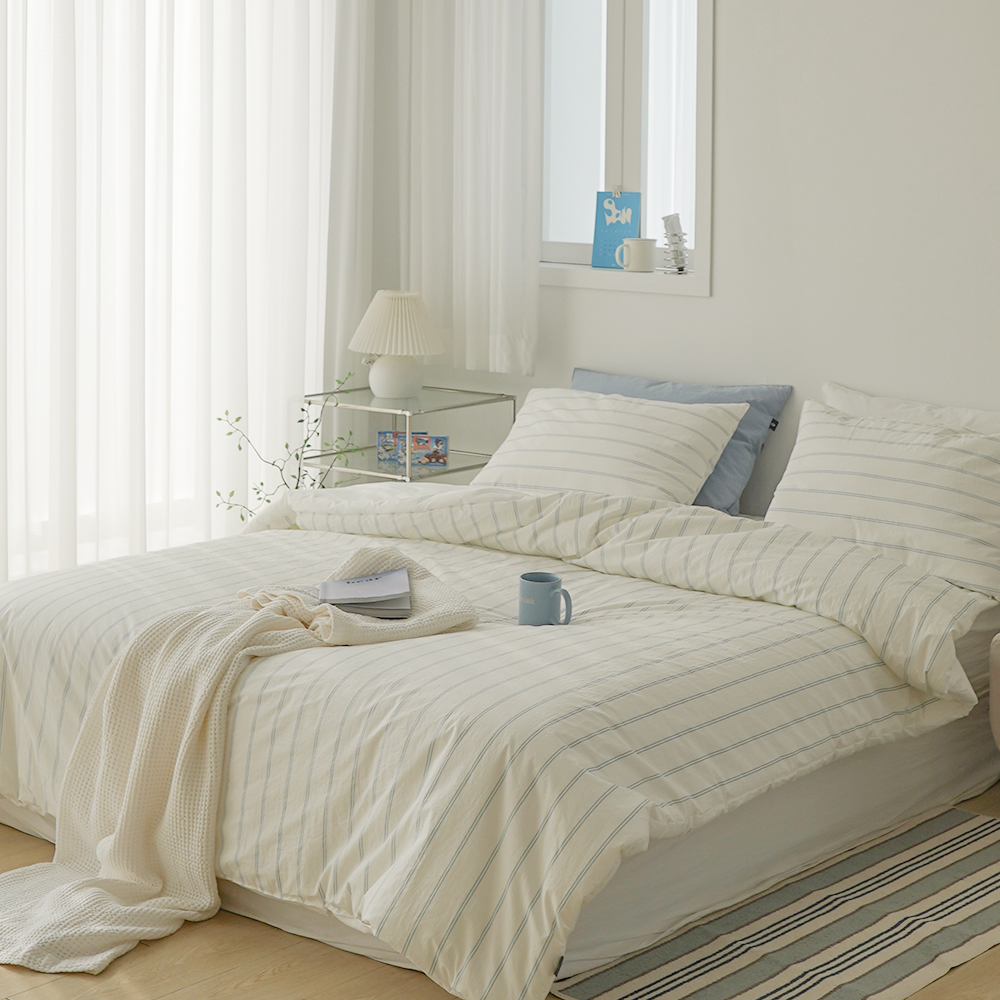 [단독] 뮤즈 라인 고밀도 바이오워싱 스트라이프 순면 호텔식 차렵이불 SS+ 이불가방세트