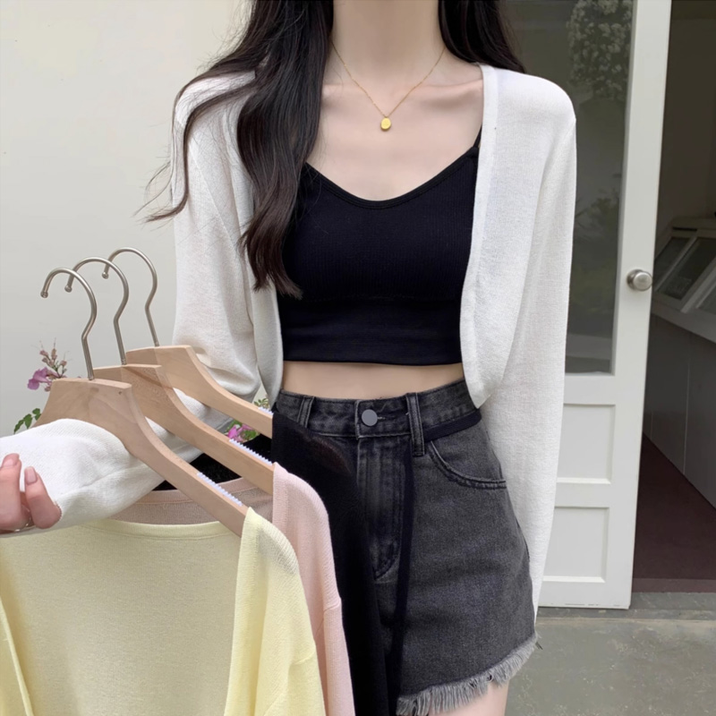 앙또드 볼레로 스판 니트 여자 크롭 가디건 데일리 솜사탕 레어이드 커버업 부클 봄 여름 가을 간절기 비치 가디건 살안타템 - 상품 이미지