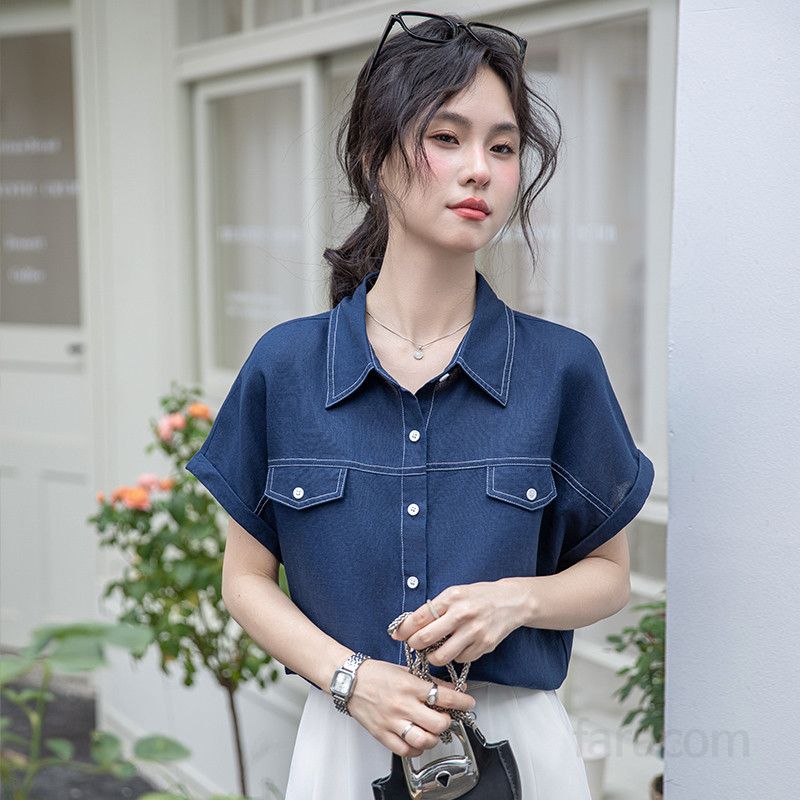 여성 여름 리넨 블렌드 반팔 셔츠 루즈핏 얇은 드레이프 탑 캐주얼 데일리 시원한 착용감 스타일리시한 디자인 - 상품 이미지