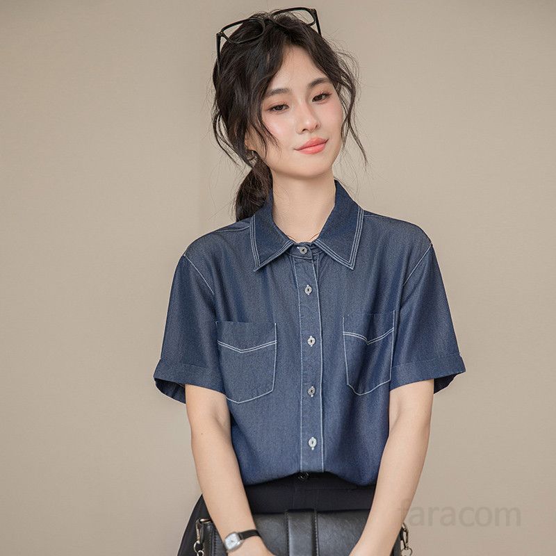 여성 여름 데님 셔츠 반팔 루즈핏 티셔츠 얇은 레이어드 스타일 시원한 착용감 캐주얼 외출용 데일리 블라우스 - 상세 이미지 3