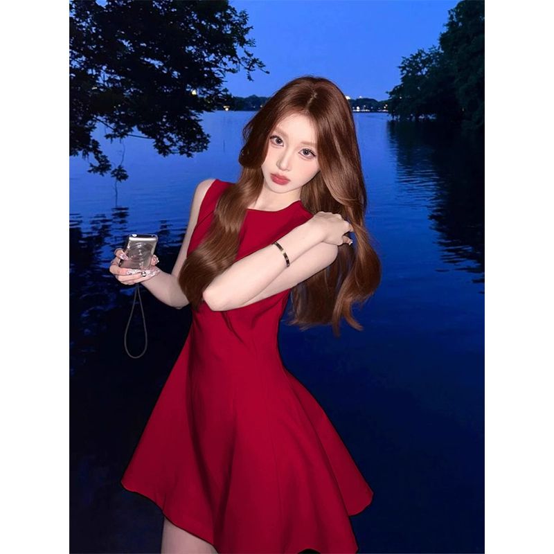 여성 빨강 원피스 민소매 나시 데이트룩 레이어드 와인레드 무슬렙 원피스 짧은기장 S - 상세 이미지 2