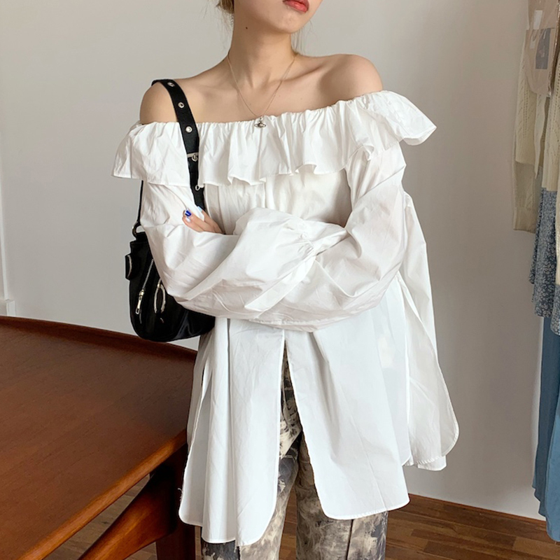 러플 블라우스 루즈핏 러블리 오프숄더 화이트 블랙 - 상품 이미지