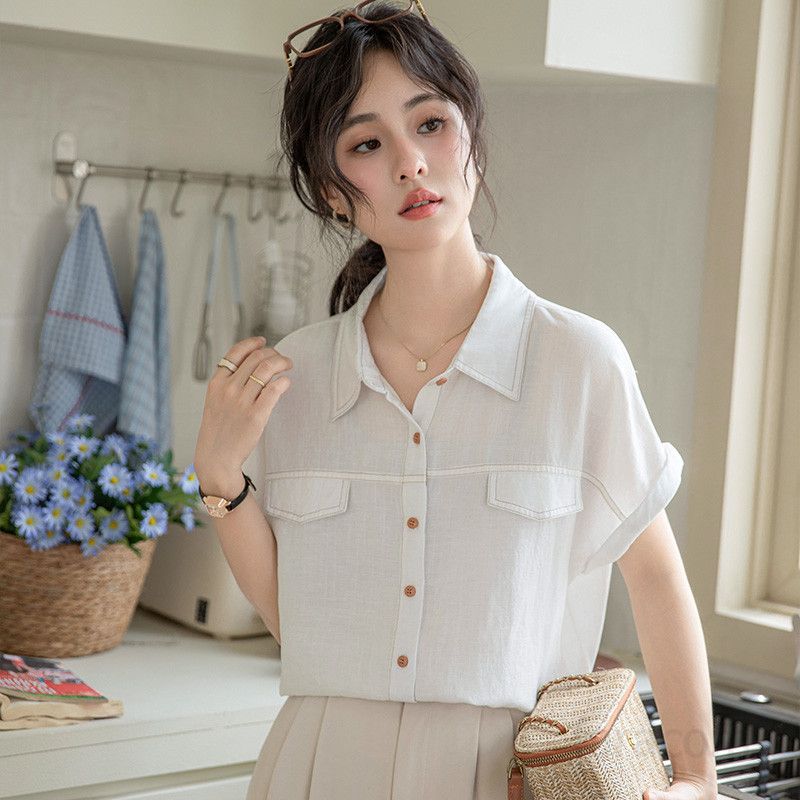 여성 여름 블라우스 루즈핏 드레이프 반팔 셔츠 시원한 착용감 데일리 스타일 모던한 디자인 편안한 외출용 - 상세 이미지 4