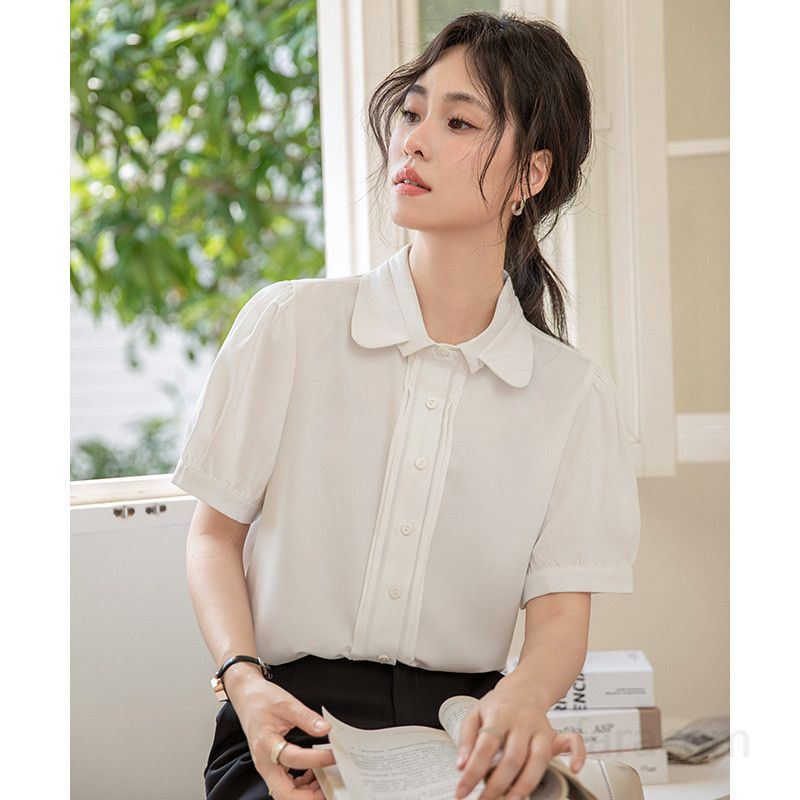 여성 여름 화이트 블라우스 반팔 더블 레이어 인형 칼라 시원한 출퇴근용 데일리 셔츠 스타일링 쉬운 실용적인 디자인 - 상세 이미지 2