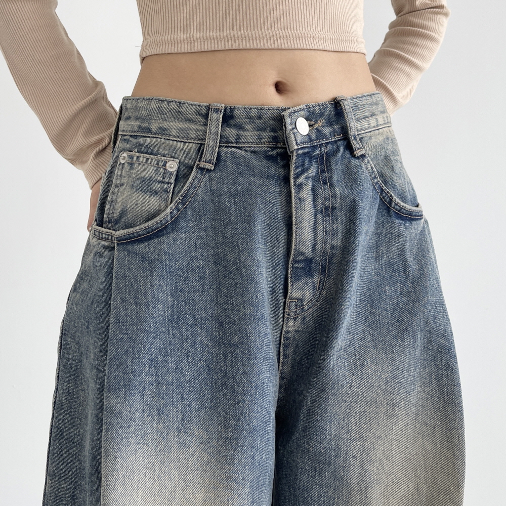 핀턱 와이드청바지 여성 가을 벌룬핏 데님팬츠 빈티지워싱 진청 흑청 벌룬오프진 - 상세 이미지 4