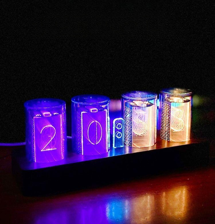 솔비에 진공관시계 닉시관 탁상시계 LED 디지털 RGB 4칸 시계 나무무늬 조립형 선물세트 - 상품 이미지