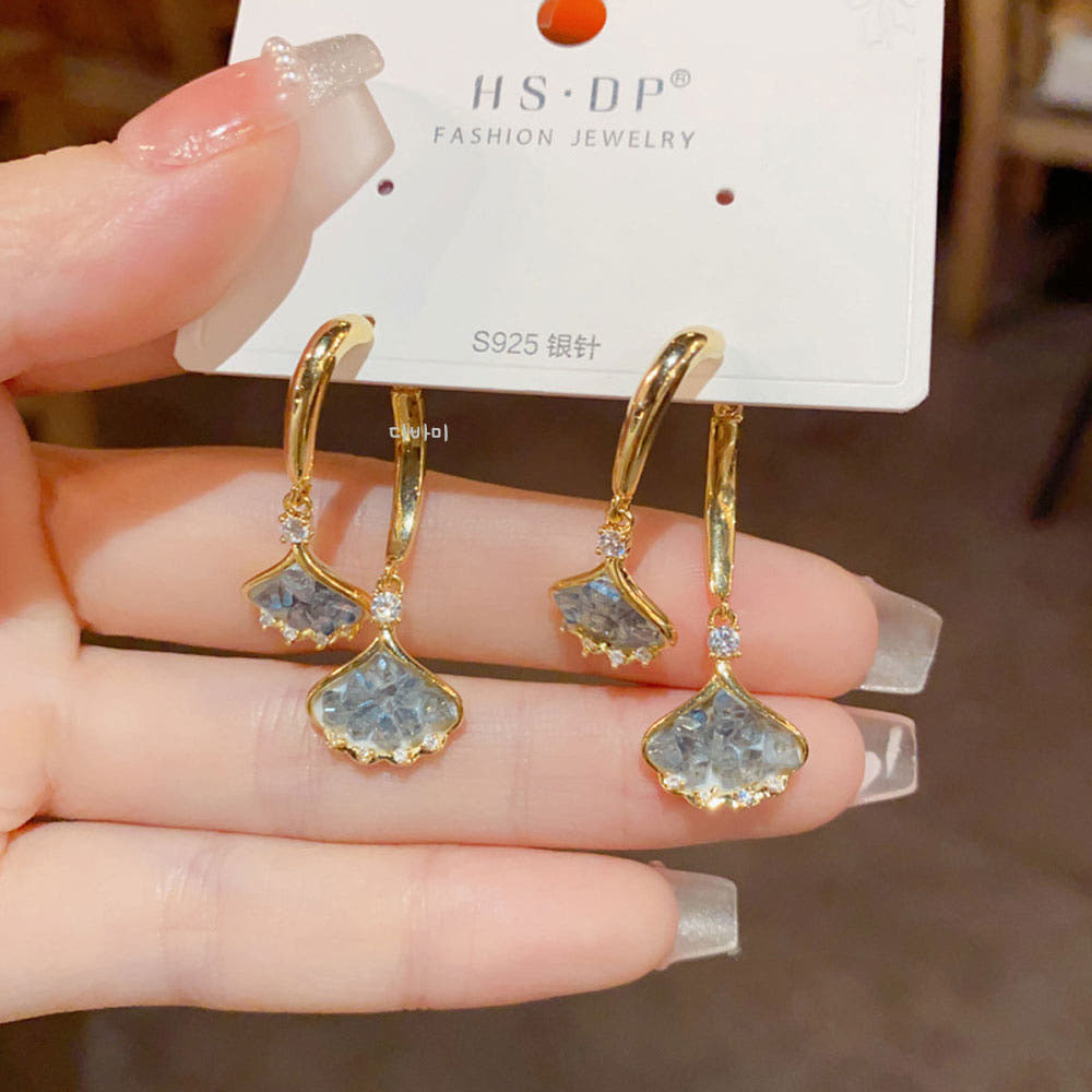 우아한 크리스탈 은행잎 14K 투웨이귀걸이 큐빅 골드 드롭 이어링 이미지 7