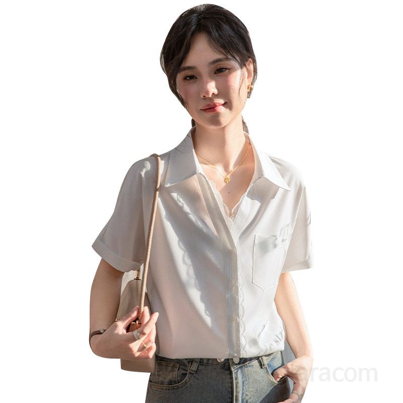 여성 여름 레이스 블라우스 반팔 V넥 셔츠 시원한 착용감 출퇴근 데일리 스타일 얇은 디자인 화이트 색상 - 상세 이미지 4