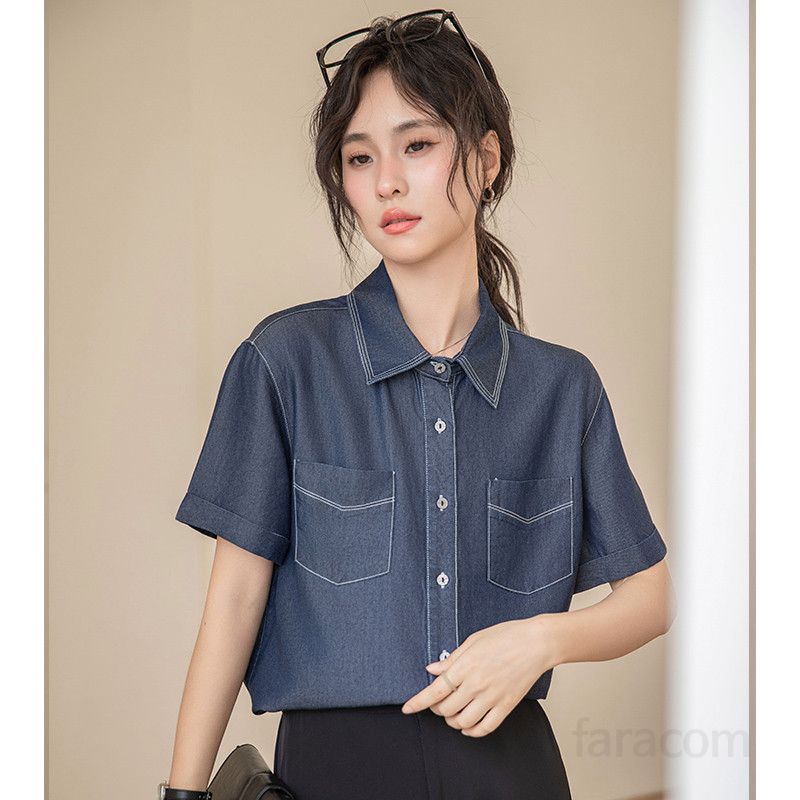 여성 여름 데님 셔츠 반팔 루즈핏 티셔츠 얇은 레이어드 스타일 시원한 착용감 캐주얼 외출용 데일리 블라우스 - 상세 이미지 2