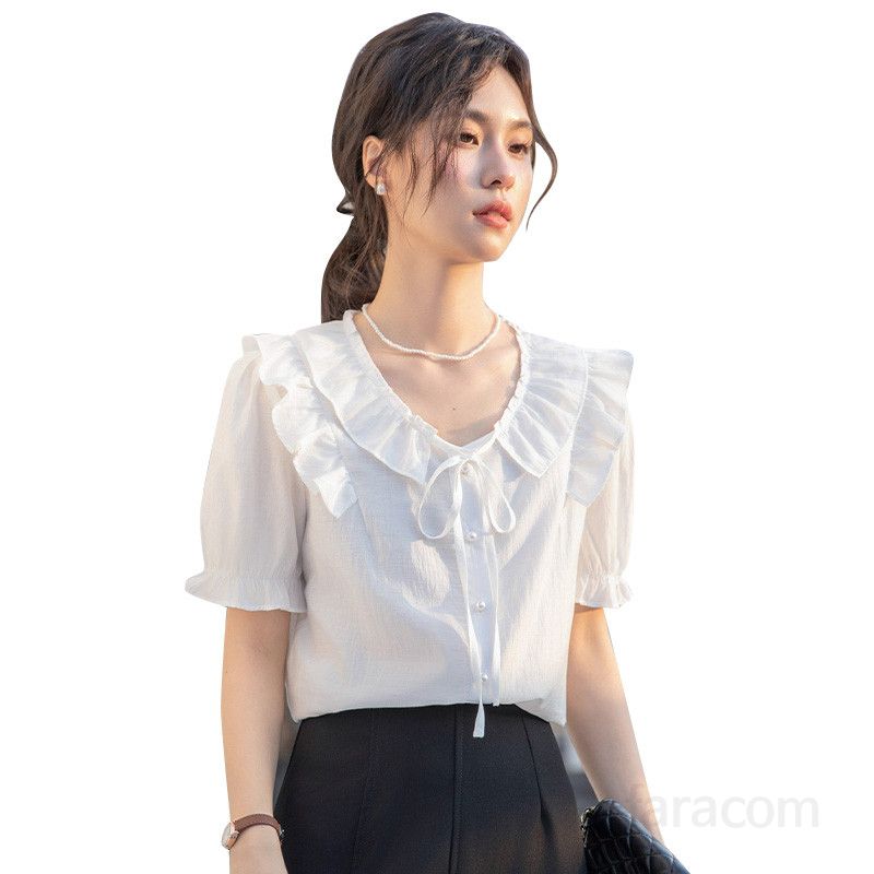 여성 여름 루즈핏 반팔 셔츠 러플 V넥 퍼프 슬리브 스타일 시원한 착용감 프렌치 무드 데일리 화이트블라우스 캐주얼 여성블라우스 - 상세 이미지 5