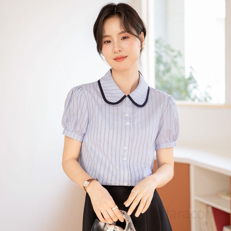 여성 여름 퍼프 슬리브 스트라이프 셔츠 데일리 통근용 시원한 착용감 블라우스 스타일리시한 디자인 - 상세 이미지 4