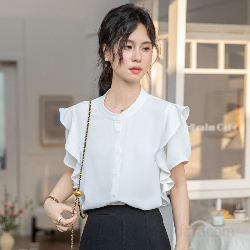 여성 쉬폰 셔링 반팔 블라우스 여름 데일리 루즈핏 상의 고급스러운 스타일 시원한 착용감 배 가리는 실루엣 캐주얼 모임룩 추천 - 상세 이미지 3