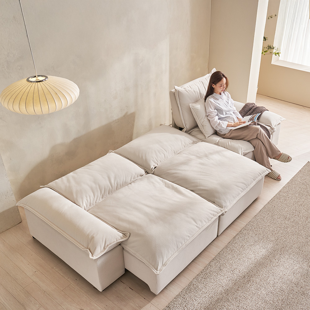 장인가구 하온 전동 슬라이드 리클라이너 슬라이딩 플랫 모션 소파 베드 스툴미포함, 아이보리, 4인용