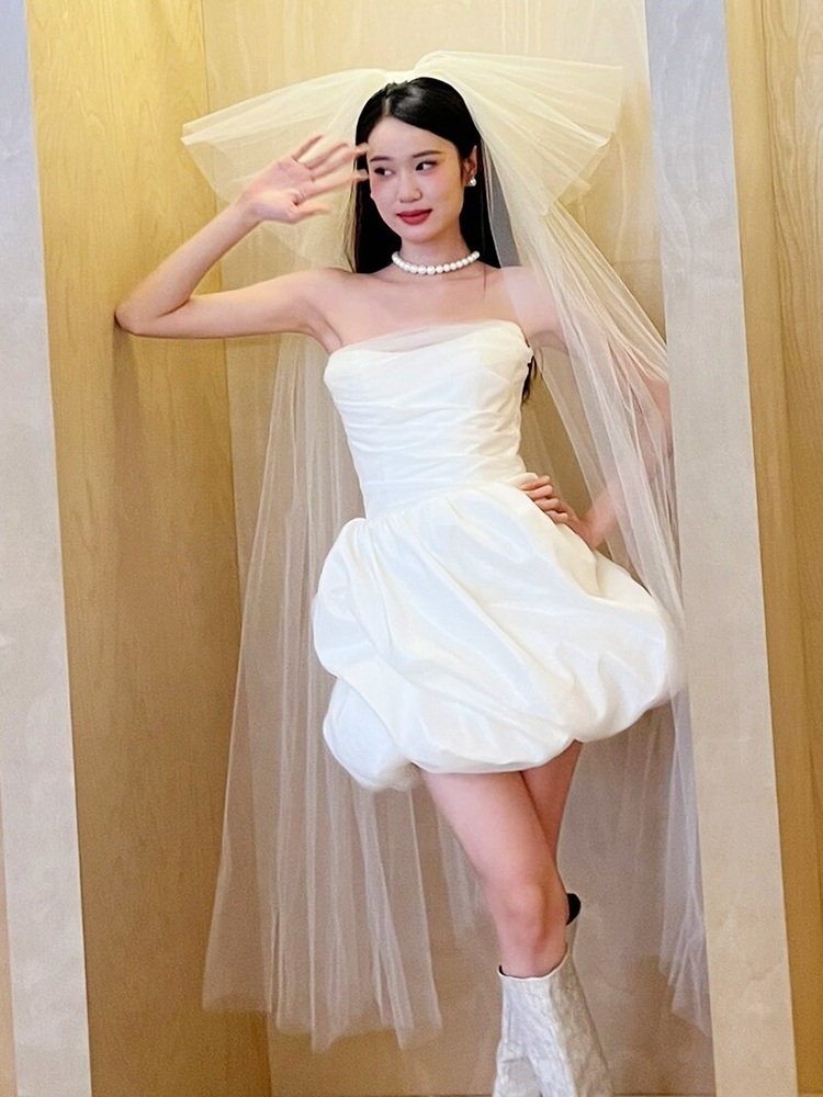 미니웨딩드레스 웨딩촬영캐주얼 탑드레스 셀프 야외스냅 결혼식2부 오프숄더 - 상품 이미지