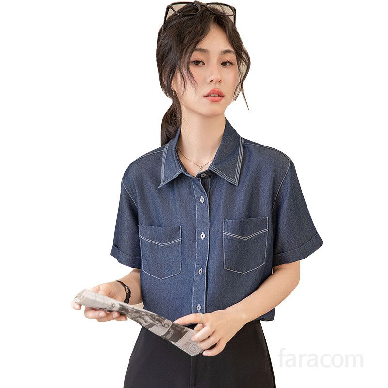 여성 여름 데님 셔츠 반팔 루즈핏 티셔츠 얇은 레이어드 스타일 시원한 착용감 캐주얼 외출용 데일리 블라우스 - 상세 이미지 5