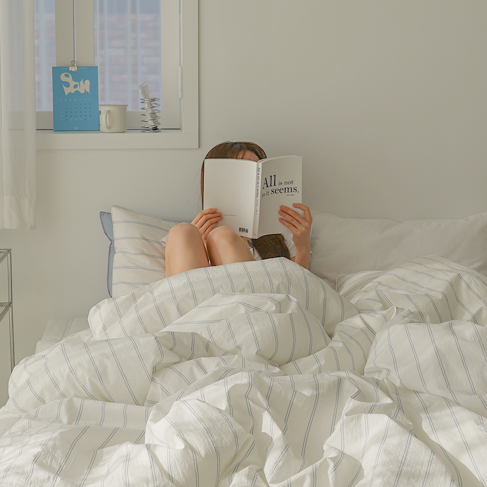 [단독] 뮤즈 라인 고밀도 바이오워싱 스트라이프 순면 호텔식 차렵이불 SS+ 이불가방세트