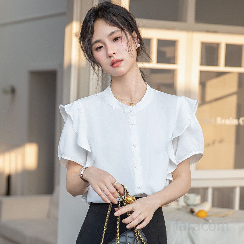 여성 쉬폰 셔링 반팔 블라우스 여름 데일리 루즈핏 상의 고급스러운 스타일 시원한 착용감 배 가리는 실루엣 캐주얼 모임룩 추천 - 상세 이미지 2