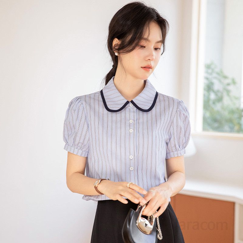 여성 여름 퍼프 슬리브 스트라이프 셔츠 데일리 통근용 시원한 착용감 블라우스 스타일리시한 디자인 - 상품 이미지