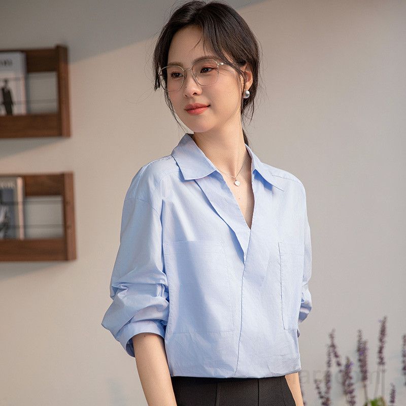 여성용 화이트 V넥 반팔 블라우스 여름 데일리 루즈핏 랜턴 슬리브 통근용 편안한 착용감 스타일리시한 포켓 디자인 - 상세 이미지 3